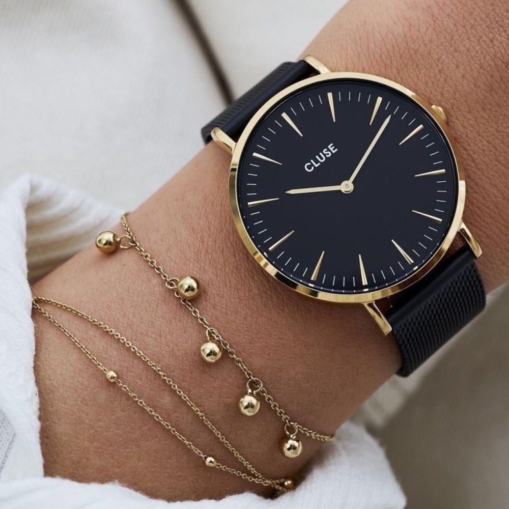 CLUSE - La Bohème Black & Gold Minimalist Mesh Watch